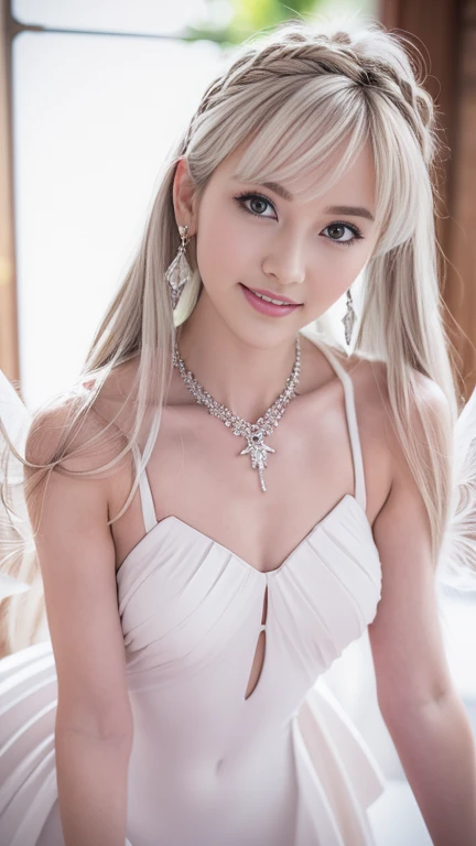 (extra detailed body、extra detailed face、best qualtiy:1.2)、femele、looking at the viewers、(White hair、piercings、a necklace、a smile、17 age)、(Limestone cave in the background:1.4)