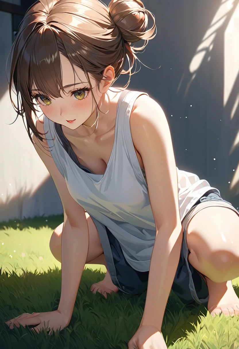 beautiful woman, striking beautiful eyes, glossy silky messy bun hair, amorous and lewd expression, perfect proportions, wearing baggy tank top, shorts, crouched down to tend to the lawn, delicate and dynamic textures, contrasts of light and shadow, 2.5D, artistic digital graphic CG, ultra detailed, absolutely resolution, best quality