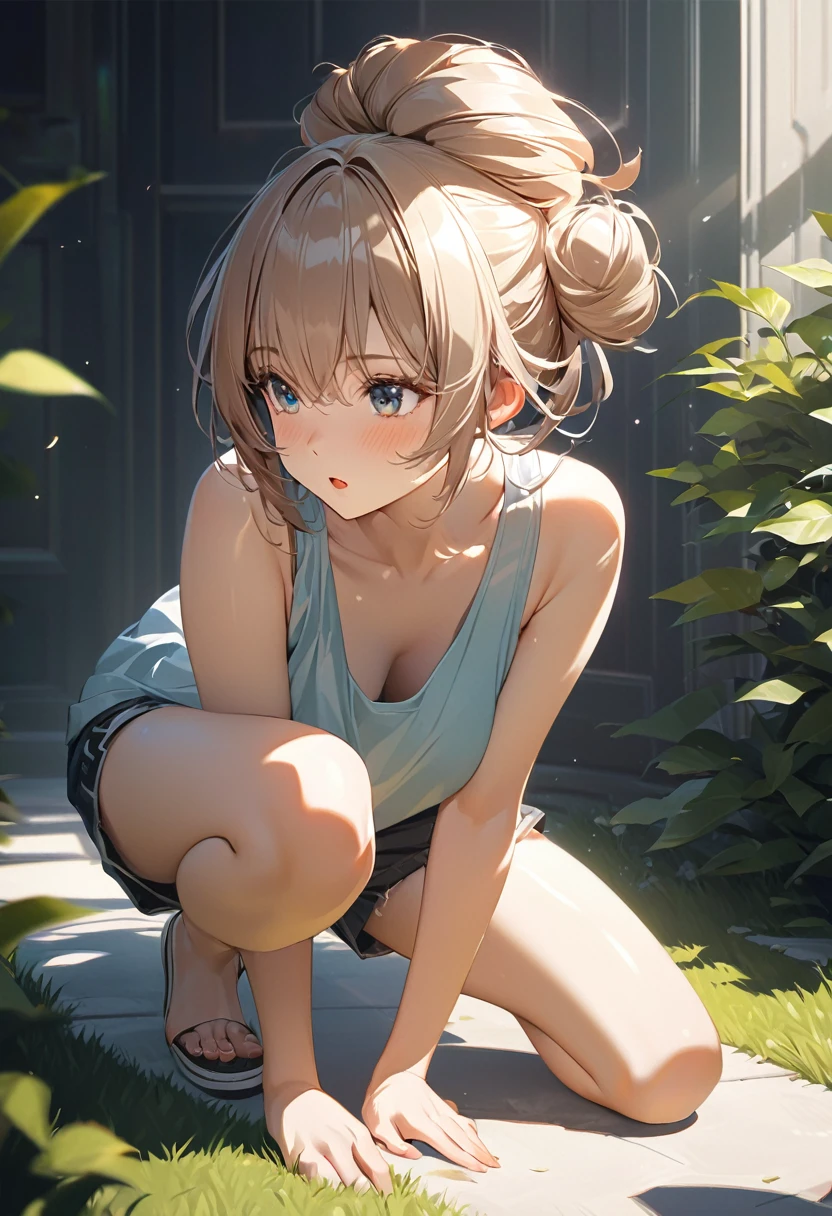 beautiful woman, striking beautiful eyes, glossy silky messy bun hair, amorous and lewd expression, perfect proportions, wearing baggy tank top, shorts, crouched down to tend to the lawn, delicate and dynamic textures, contrasts of light and shadow, 2.5D, artistic digital graphic CG, ultra detailed, absolutely resolution, best quality