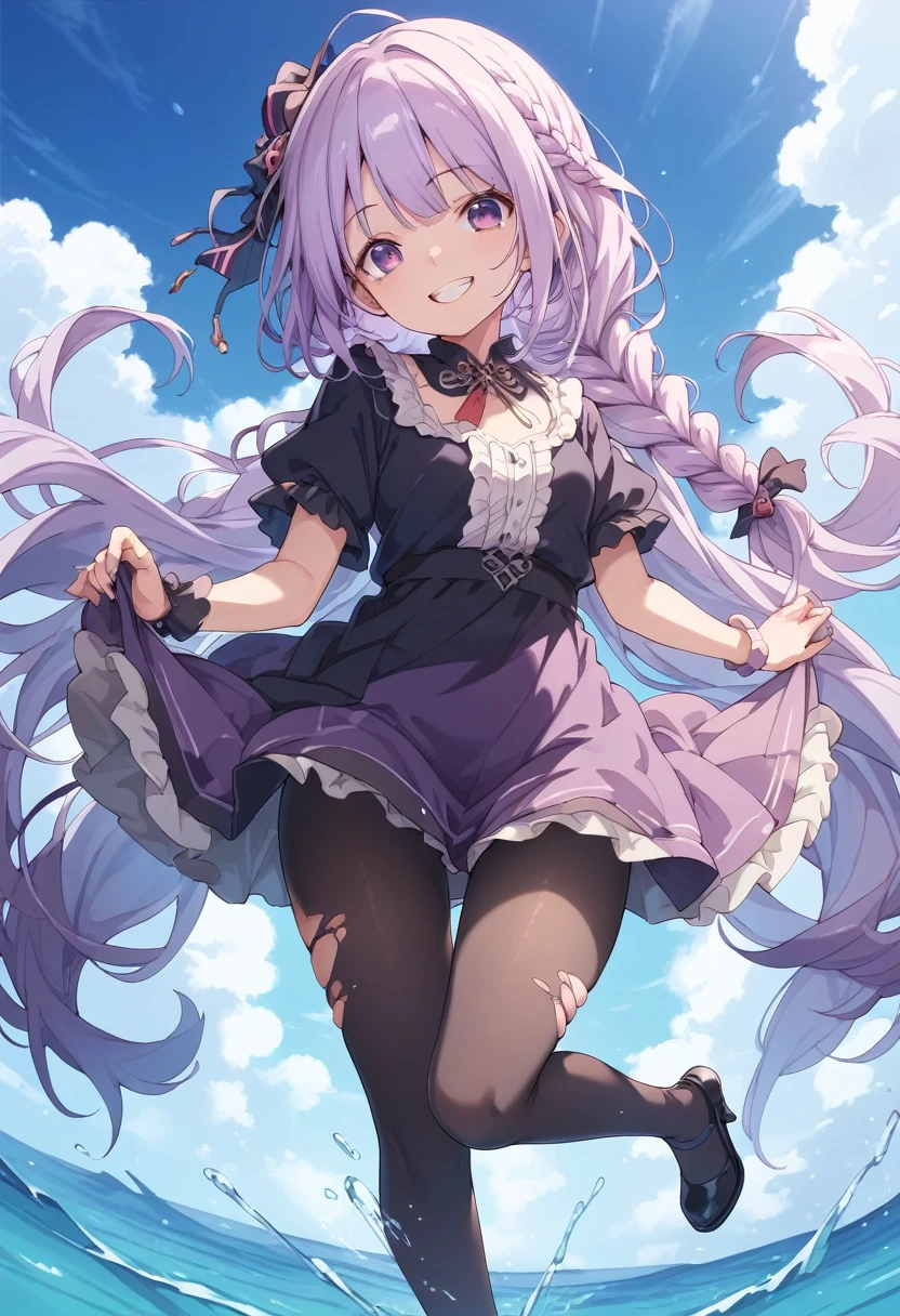 NSFW , ultra detailed, hyper detailed, best quality, highres, 4K, field of flowers, woman, from below, looking at viewer, puzzled, happy, shy, (kyouka), , slender,flat chest, gothic lolita, twintail , (up skirt) ,no panties , gloves, dappled sunlight,