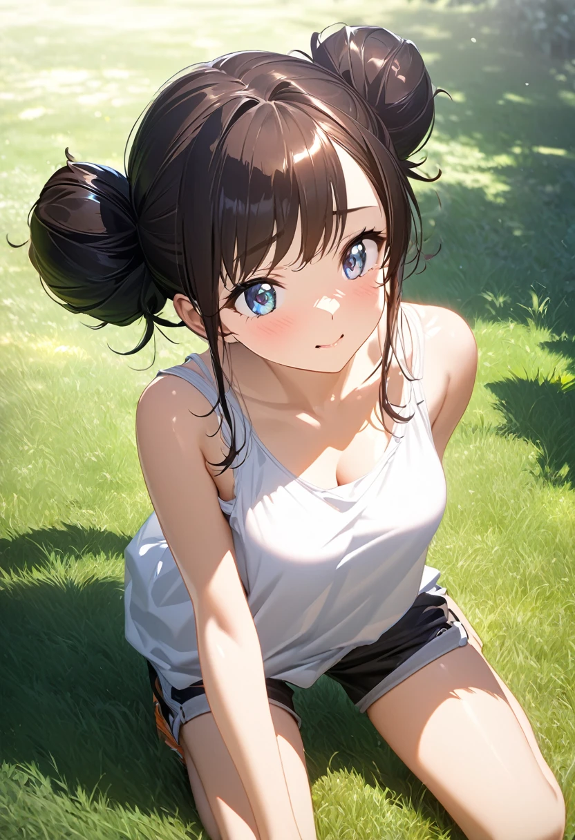 realisticlying,((upper body:1.3))、extremely detailed CG、high resolution、absurderes:1.8、detailed background:1.3、、detailed eyes:1.6、、、、、、 1 girl, track and field player, shiny skin、beautiful body、 ((buruma、 sleeveless track and field Tank top、big breasts, from above:1.4, medium hair、blunt bangs))、(track and field cort, smile),