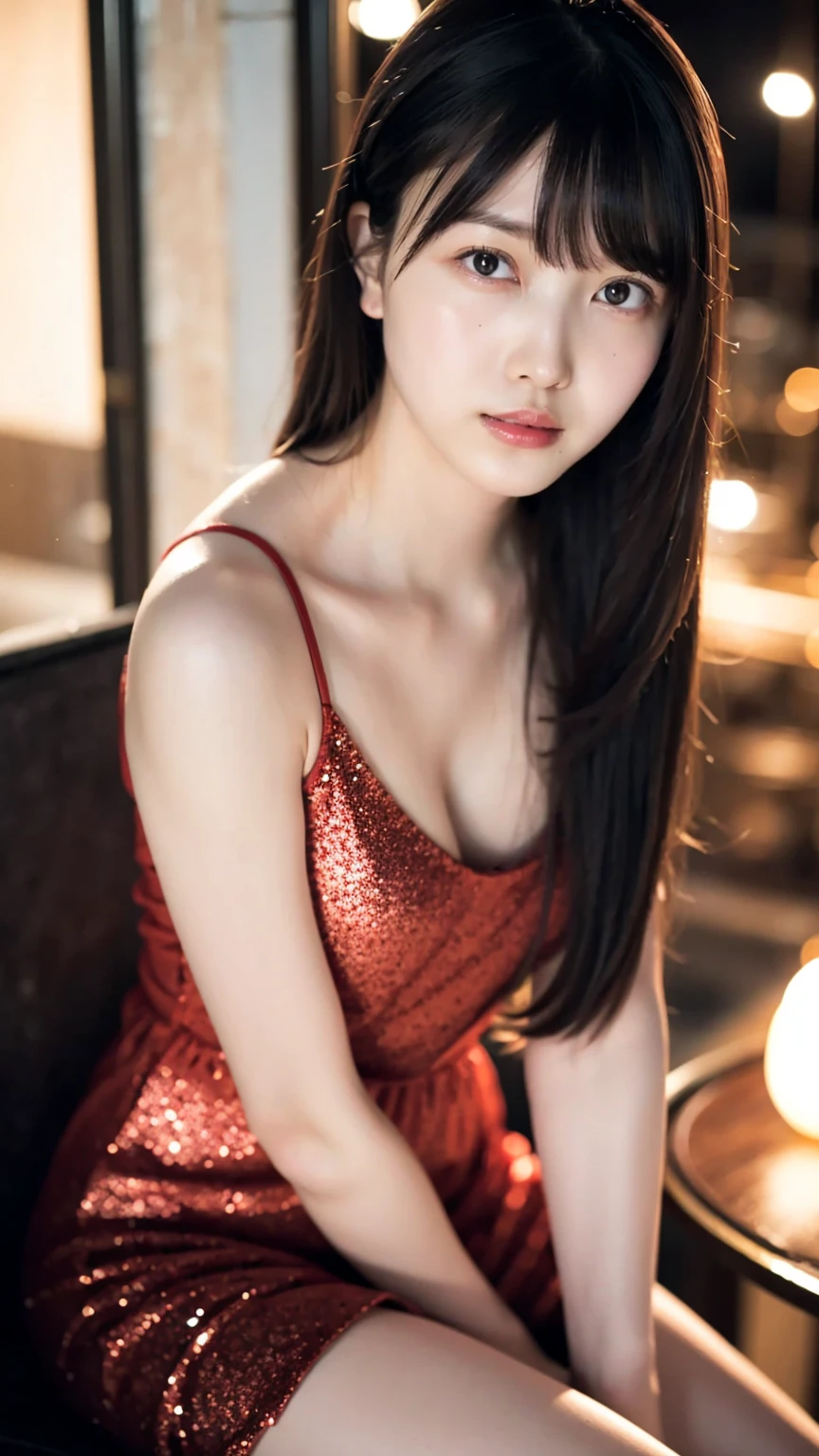 1girl,(wearing a red glittery evening mini dress:1.2),(RAW photo, best quality), (realistic, photo-realistic:1.4), masterpiece, an extremely delicate and beautiful, extremely detailed, 2k wallpaper, Amazing, finely detail, extremely detailed CG unity 8k wallpaper, ultra-detailed, highres, soft light, beautiful detailed girl, extremely detailed eyes and face, beautiful detailed nose, beautiful detailed eyes,cinematic lighting,city lights at night,slender body,(long hair with bangs), big breast:1.3, full body:1.4, sitting.