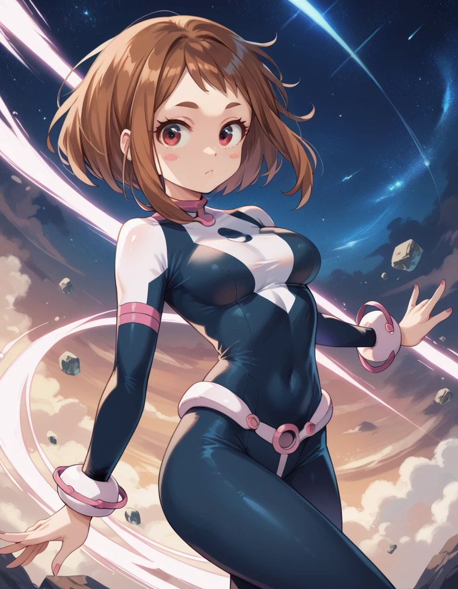 (side angle), ochako uraraka, brown eyes, brown hair, short hair, blush, blush stickers, bodysuit, skin tight, superhero, slender body, tiny waist. sexy body, sexy figure, slim legs, slim figure, sexy, tiny waist, desireable, tempting, lust