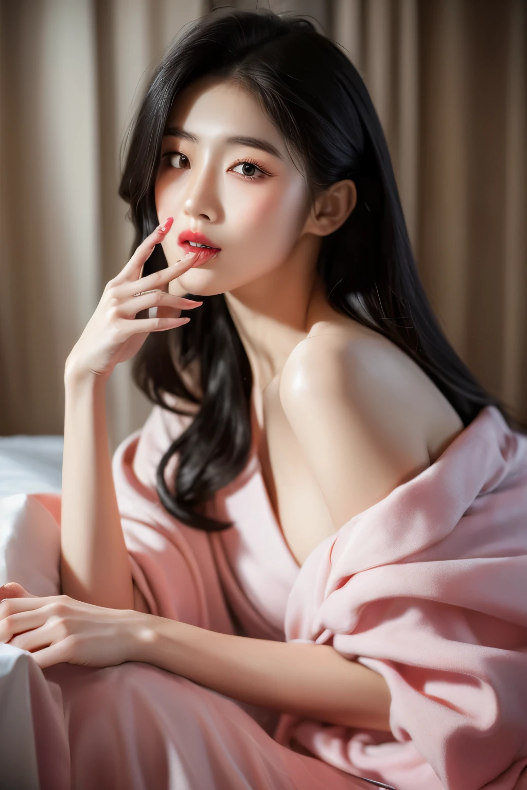 Highest quality, 8K, portrait, A beautiful Japanese female model with long black hair and a gorgeous face. She is wearing a dress, with a dreamy expression on her face and pink lipstick. She holds her hand in front of her face, showing off her pink nails to the camera, in an elegant pose.