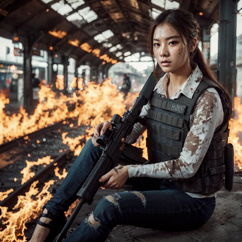 syberart Create a dramatic and action-packed portrait of a young woman in full combat gear, armed and ready to fight against the alien invaders. Use advanced photography and image editing techniques to realistically capture her intense expression and posture, and play with light and shadow to add depth and drama to the image. Incorporate elements of the battlefield, such as debris and destruction, to add context and visual interest to the image. Make sure the image has high resolution and impeccable image quality to ensure a very realistic and dynamic appearance.