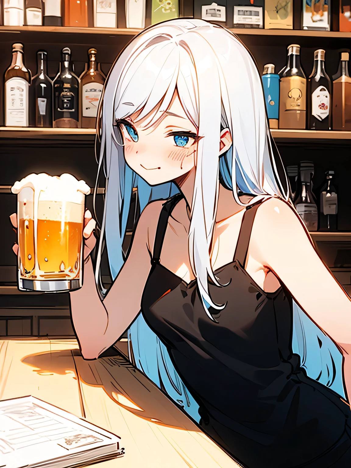 masterpiece, Highest quality, (1 beautiful girl :1.2), Black Hair, 24-years-old, Medium chest, Standard weight, Casual clothing, Grin:1.3, Red nose :1.1, Drunk, close your eyes, Beautiful scenery in the bar, Blurred Background, Amazing panoramic views, Drinking alcohol, close