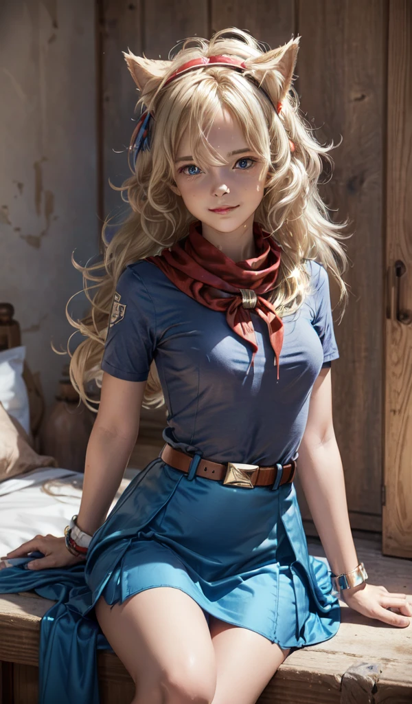 Very young slim girl, Height, Rounded face, (Long Curly Messy Blonde Hair:1.4), Big blue eyes, Shy smile, Perfect medium sized breasts, Wear a band with fake cat ears on your head, Monroe, Pioneer scarf, Short tight blue pleated skirt, Bangs, Tight white shirt, Short sleeve, Collared shirt, belt, Red scarf, Chest pocket