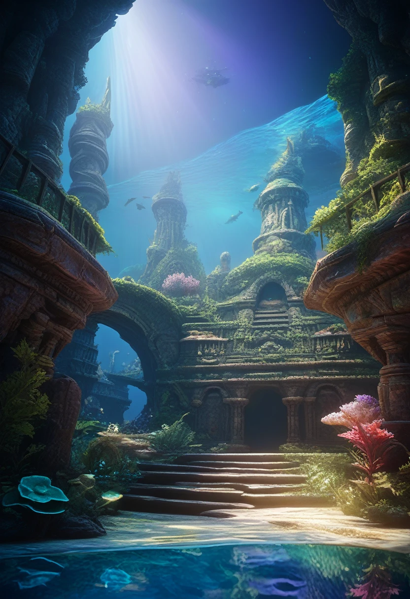 a painting of a beyond-dimensional fantasy world,a world of under the sea,Atlantis,science fiction,uplighting,studio Ghibli,unreal engine,epic composition,CG digital render,Ultra HD,technique highly detailed,triadic color scheme