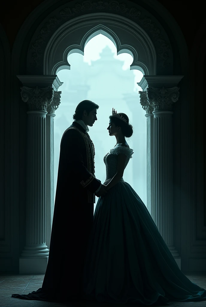 A tall muscular female vampire in bride dress alongside her human husband as groom