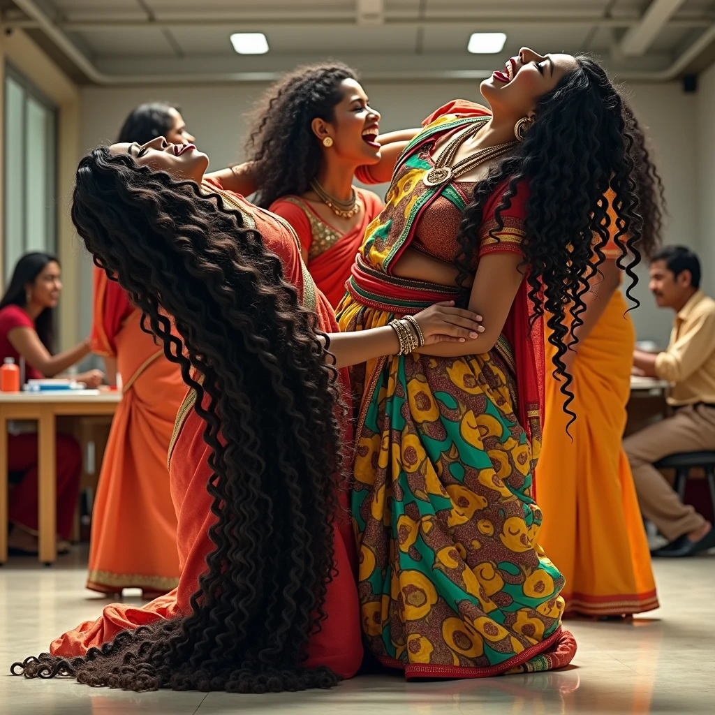 (Best Quality),(High resolution),(8k), (Masterpiece),In a luxurious, brightly lit modern Indian office, four middle-aged Indian women—Mina, Vina, Ruba, and Lina—are present, all wearing sarees and possessing perfectly curvy figures, Each woman has long, 3C curly hair, resembling thick, black noodles that extend down to their knees, All four ladies have already taken an oil bath, leaving their hair drenched in oil and shining like mirrors under the bright lights. Mina and Vina, with their slicked-back 3C curls styled into large, oily buns, kneel and assist Ruba, who is currently receiving an additional oil bath, Ruba kneels with her head tilted back, her heavy, Rapunzel-like 3C curls flowing in one thick stream over the floor, completely soaked in oil, As Vina pours more oil over Ruba's head from a large clay pot, Ruba opens her mouth and sticks out her tongue, letting the oil flow through her hair and down her body,Lina, who has the same long, glossy, oil-drenched curls as Ruba, kneels beside her, Feeling a surge of sensuality, Lina bends forward, her tongue outstretched as she moves in to kiss Ruba,As Vina pours oil over Ruba, she grabs Lina's equally shiny and slick hair, pulling it back. The excess oil from their hair spills onto the floor, creating a shimmering, slick pool around them,(showcase four ladies as detailed in image prompt),(Showcase all four ladies poses as detailed in image prompt),(Showcase all four ladies hairs already had oil bath),(Showcase all cour ladies having similar 3c curly hairs in relavent styles as detailed in imahe prompt),(Showcase that all four ladies' high oil content in their relavent hairs),(Showcase all four ladies' hairs are shinning like mirrors due to high oil content on their hairs),(Showcase this full detail in to creation with out any mistake),1 ((perfect UHD color grading))