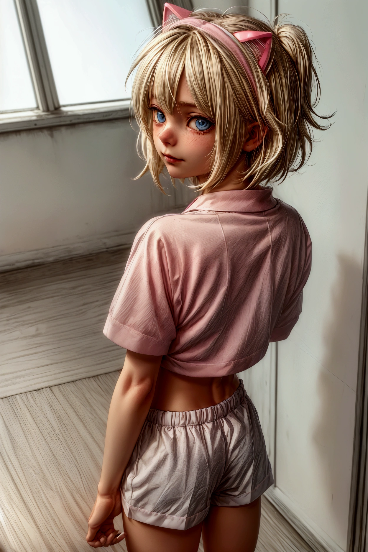 Anime style, Highres, Masterpiece, Best quality at best, Best Quality, hight quality, hight detailed, 1boy, blonde boy, perfect boy body, cute boy, detailed light blue eyes, short hair, messy hair, bangs, pastel rainbow inner hair color mesh, band on head with tiny cat ears, shy smile, puffy cat tail, wears pink sailor suit, white sailor mini shirt, boy chest, pink tie, Pink sailor mini shorts, beautiful legs, white stockings over knee, perfect school shoes, perfect boy body, Standing, From behind, sunny afternoon on the street, highest quality,