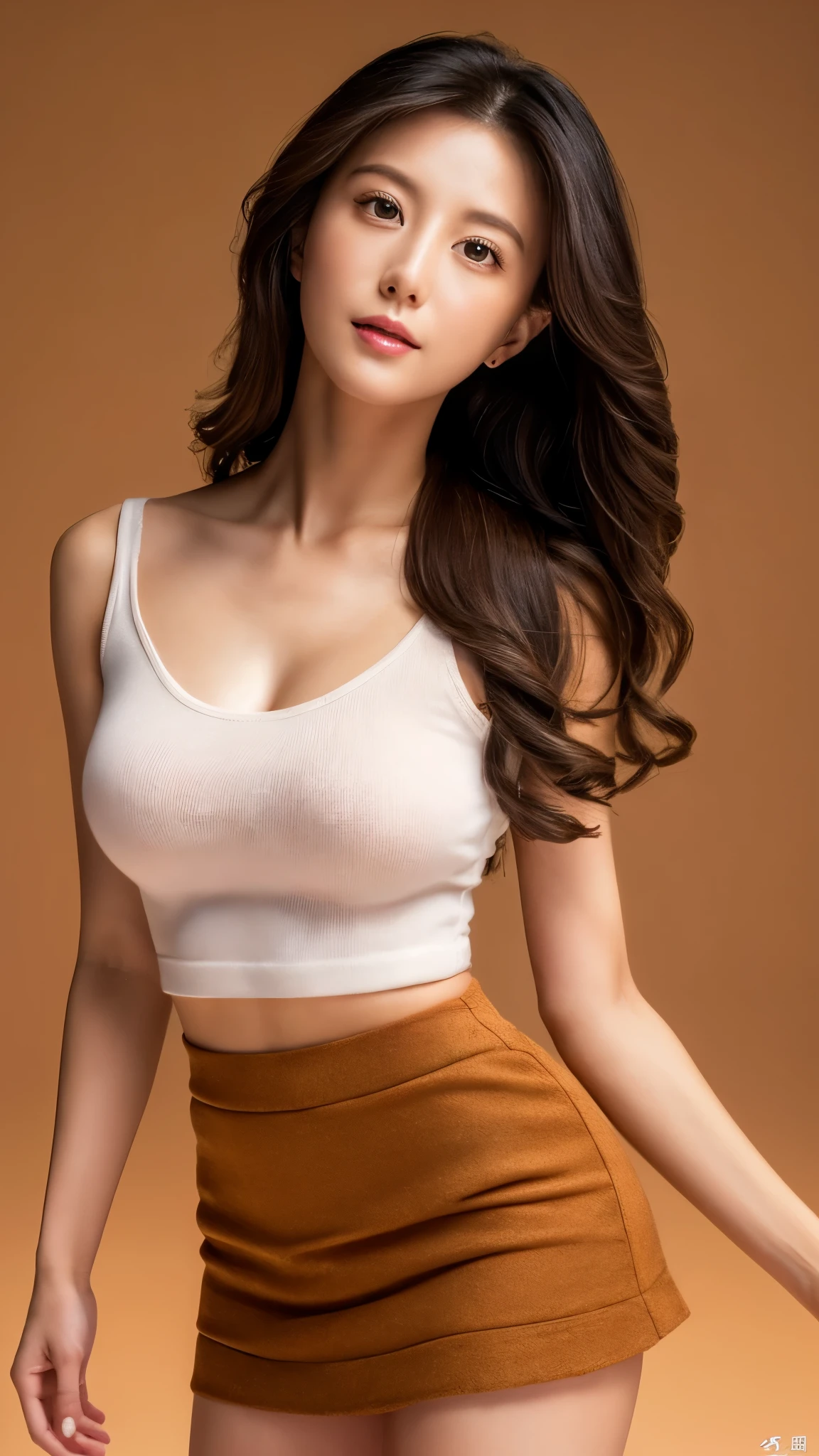 ((Highest quality, 8K, masterpiece :1.3)), Ultra-realistic, Realistic texture, Photorealistic shots, Gorgeous Asian Model, Strike a pose in a cute high waist. Sharp focus,whole body, Long legs, Sharp focus :1.2, Beautiful woman with perfect figure :1.4, Slim Abs :1.1, ((Dark brown layered hair, Big Breasts :1.2)), (V-neck tight knit,mini skirt,Are standing:1.2) , Highly detailed face and skin texture, Fine grain, double eyelid,Beautiful feet,
