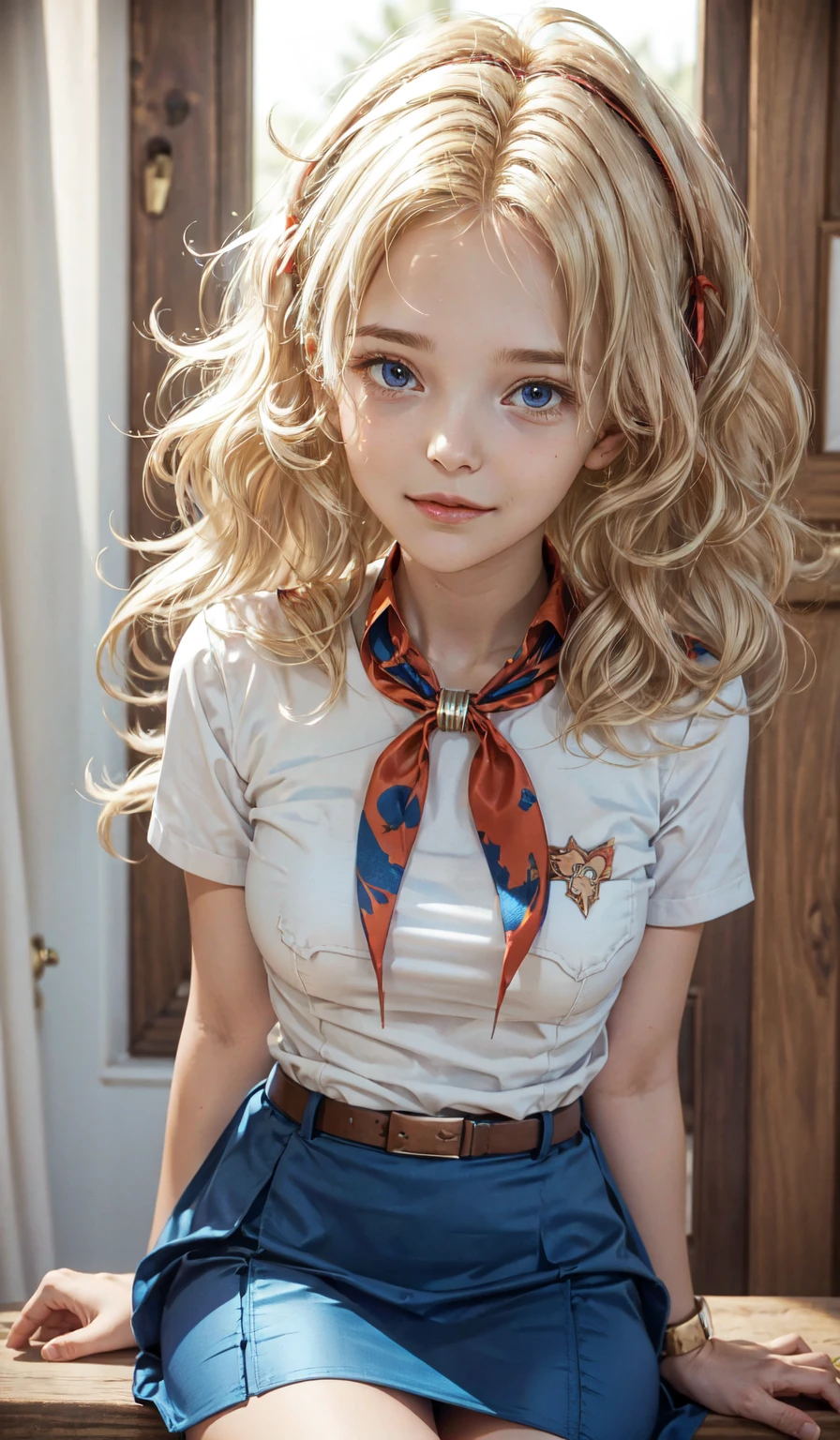 very young slim fit girl, full height, rounded face, (long curly disheveled blond hair:1.4), big blue eyes, shy smile, perfect medium breast, band on head with fake cat ears, monroe, pioneer neckerchief, short tight blue pleated skirt, bangs, tight white shirt, short sleeves, collared shirt, belt, red neckerchief, breast pocket