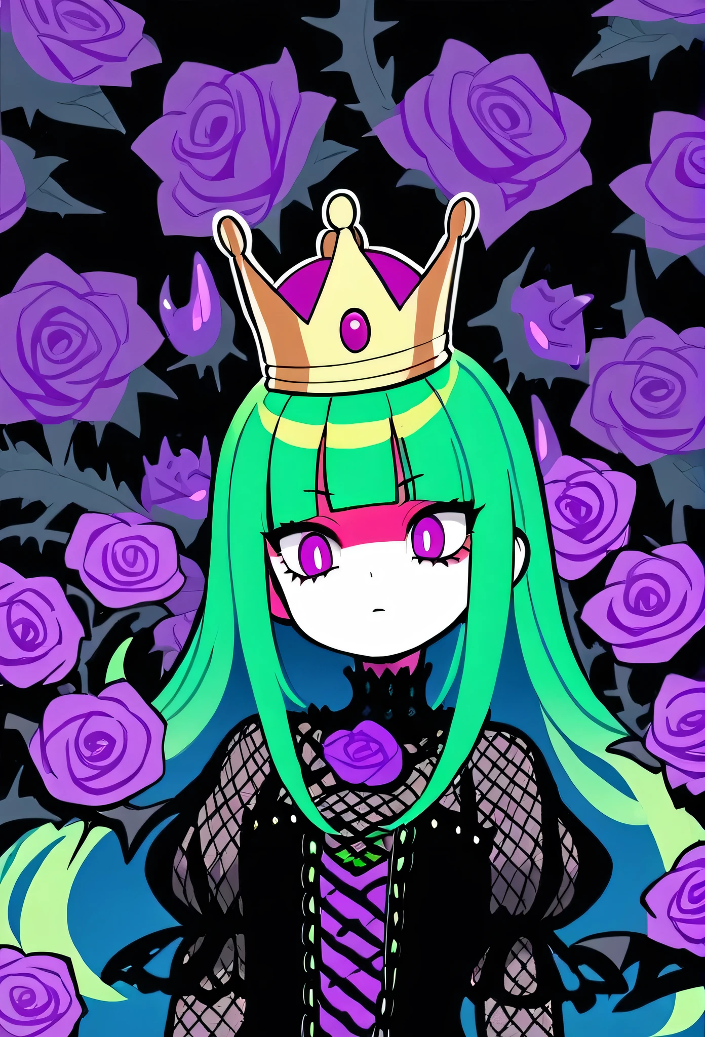 One girl, High resolution, Long Hair, Green Hair, Best Quality, Gradient color hairstyle, Hime cut, Gothic, Anime Style, masterpiece, High detail, Sharp Eye, dim, Gradient eyes, Mesh Hair, crown, Purple Eyes, thorn, poison, Neon Colors, rose, dress, 