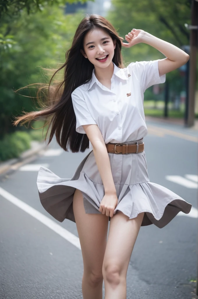 1girl, thai university uniform, hyper-realistic, white short-sleeve button up shirt:1.2, black pleate sgort japanese school skirt:1.4, silver shirt buttons:1.2, silver minimal plain plate belt buckle:1.2, black long straight messy hair:1.2, masterpiece, best quality, high resolution, 16k, high detailed, face detailed, cinematic lighting, dynamic composition, slim and perfect figure, perfect body proportions, depth of field, rule of thirds, medium breast, emphasize on breast and hip and thigh and bottoms, brown suede belt:1.2, university, skirt tug:1,4, wind lift:1.4, laughing, smiley eyes, red cheeks, shy, hair blow, upper body shot, windy:1.4, standing, grab hem of the skirt:1.4, white panties:1.4, Skirt flipped up by strong wind:1.4