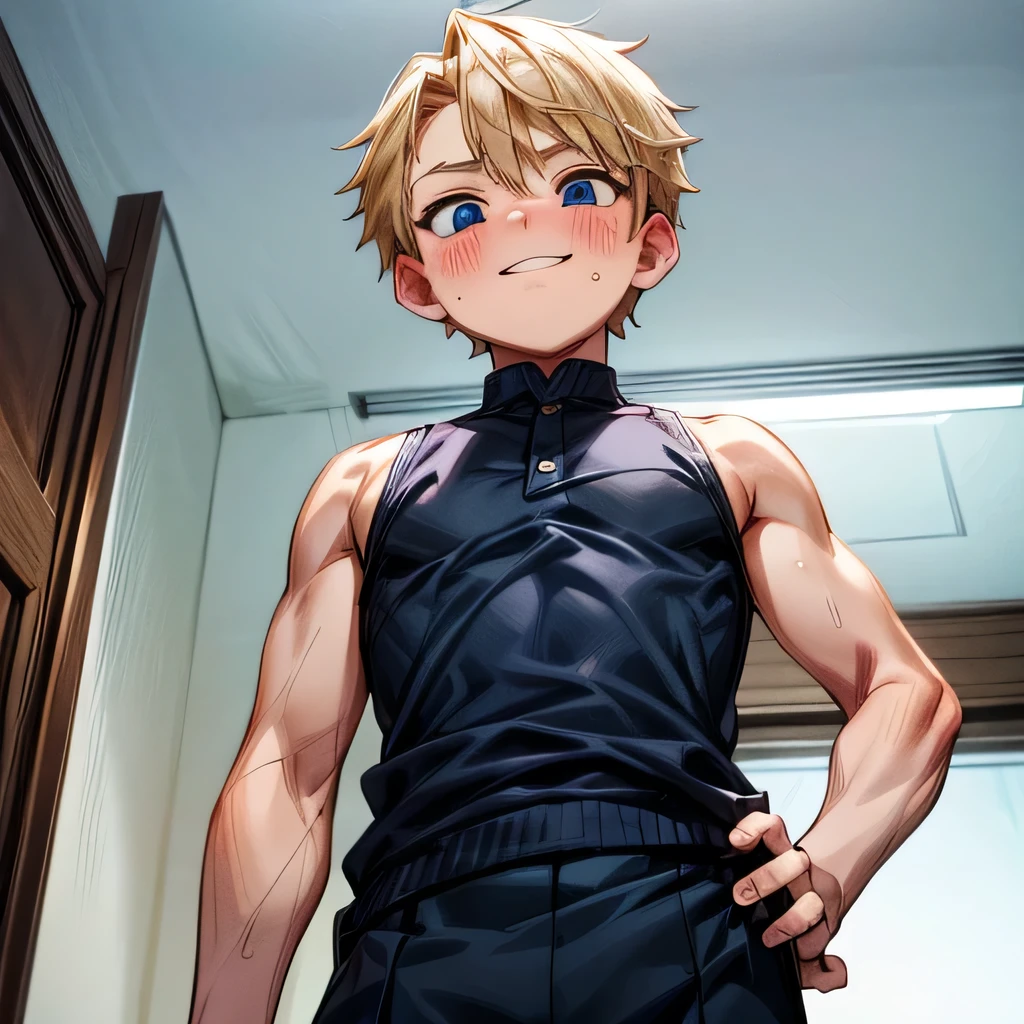 a handsome child cute boy 11yr blush embarrassed,cute smile ,undercut blond hair and blue eyes,webtoon style,wearing singlet black,from below