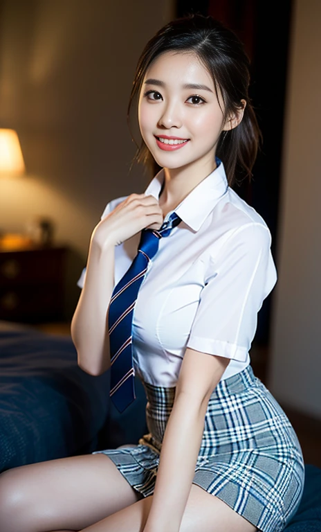 (A stunning Korean lady, dark bedroom, white short-sleeve shirt, mini-skirt, plaid tie, plaid skirt, youthful charms, smooth complexion, beautiful detailed face, beautiful detailed eyes and lips, long eyelashes, slender figure, perfect body proportion, friendly expression, cute dimples, kind smile, short hair, side ponytail, 

Blurred background, Bokeh effect, 
(realistic, 4k, 8k, high-res, masterpiece:1.23),
(best quality, photo-realistic, photo-realistic:1.38),
HDR, UHD, studio lighting, ultra-fine painting,
sharp focus, physically-based rendering, extreme detail description, professional, vivid colors, SFW, Safe for Work, cowboy shot, head to knee,)