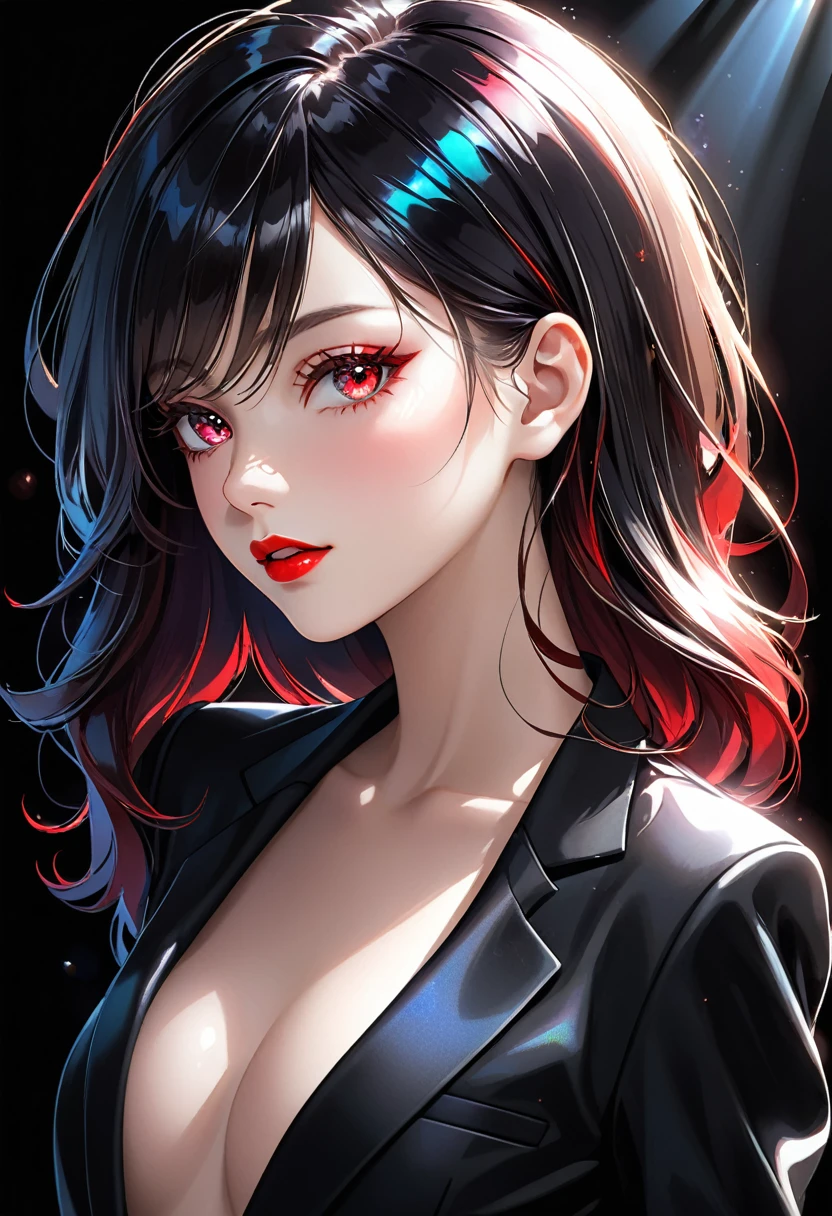 1girl, bangs, black hair, brown eyes, fashi-girl, bob cut, long hair, neckline, collarbone, open jacket, lock, cyberpunk, neon lights, big breasts, mature female, shiny skin, rain, water drop, badass, seductive,musume lock,ghost in shell,red lips,looking to the side,mouth closed,headphones,cinematic lighting