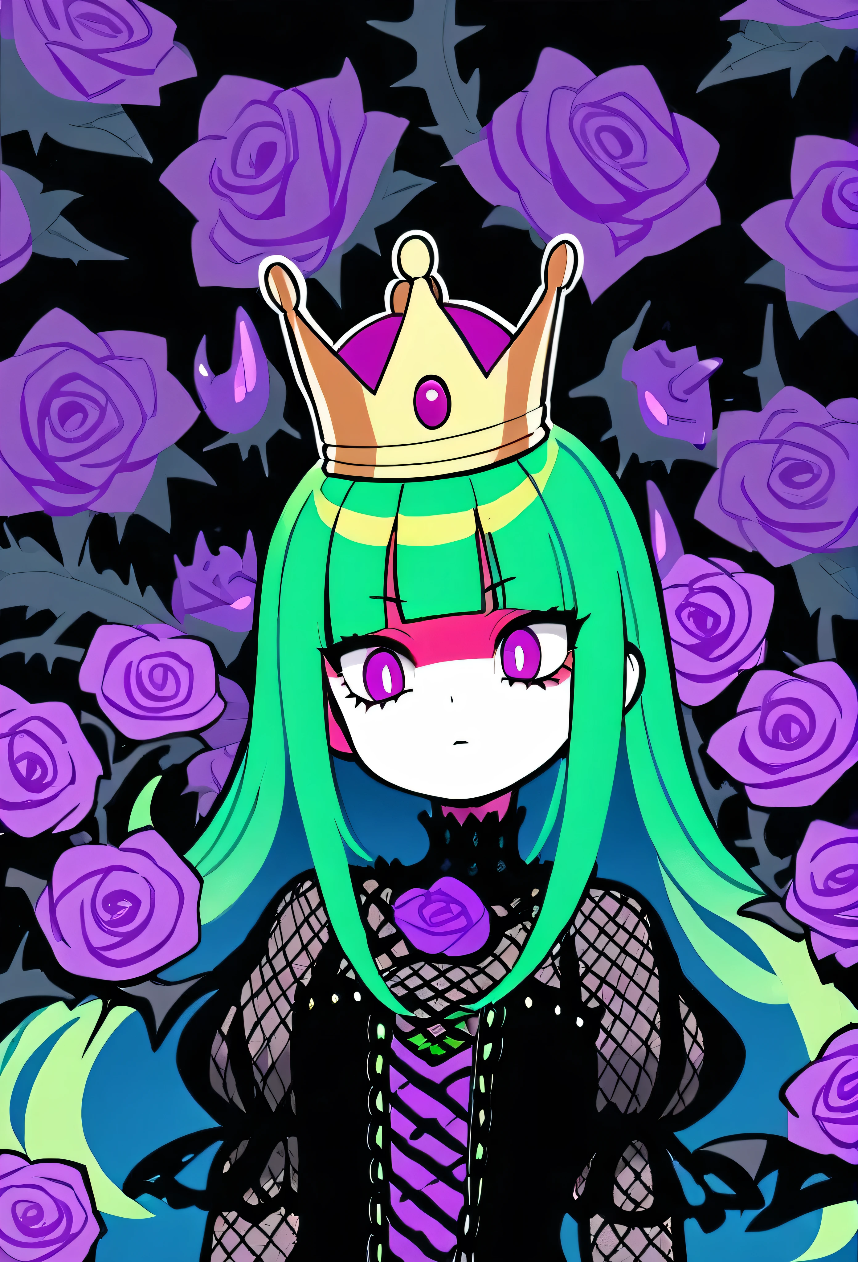 One girl, High resolution, Long Hair, Green Hair, Best Quality, Gradient color hairstyle, Hime cut, Gothic, Anime Style, masterpiece, High detail, Sharp Eye, dim, Gradient eyes, Mesh Hair, crown, Purple Eyes, thorn, poison, Neon Colors, rose, dress, 