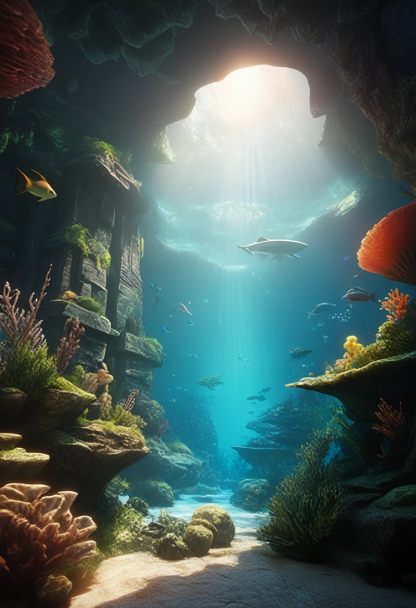 a painting of a beyond-dimensional fantasy world,a world of under the sea,Atlantis,science fiction,uplighting,studio Ghibli,unreal engine,epic composition,CG digital render,Ultra HD,technique highly detailed,triadic color scheme