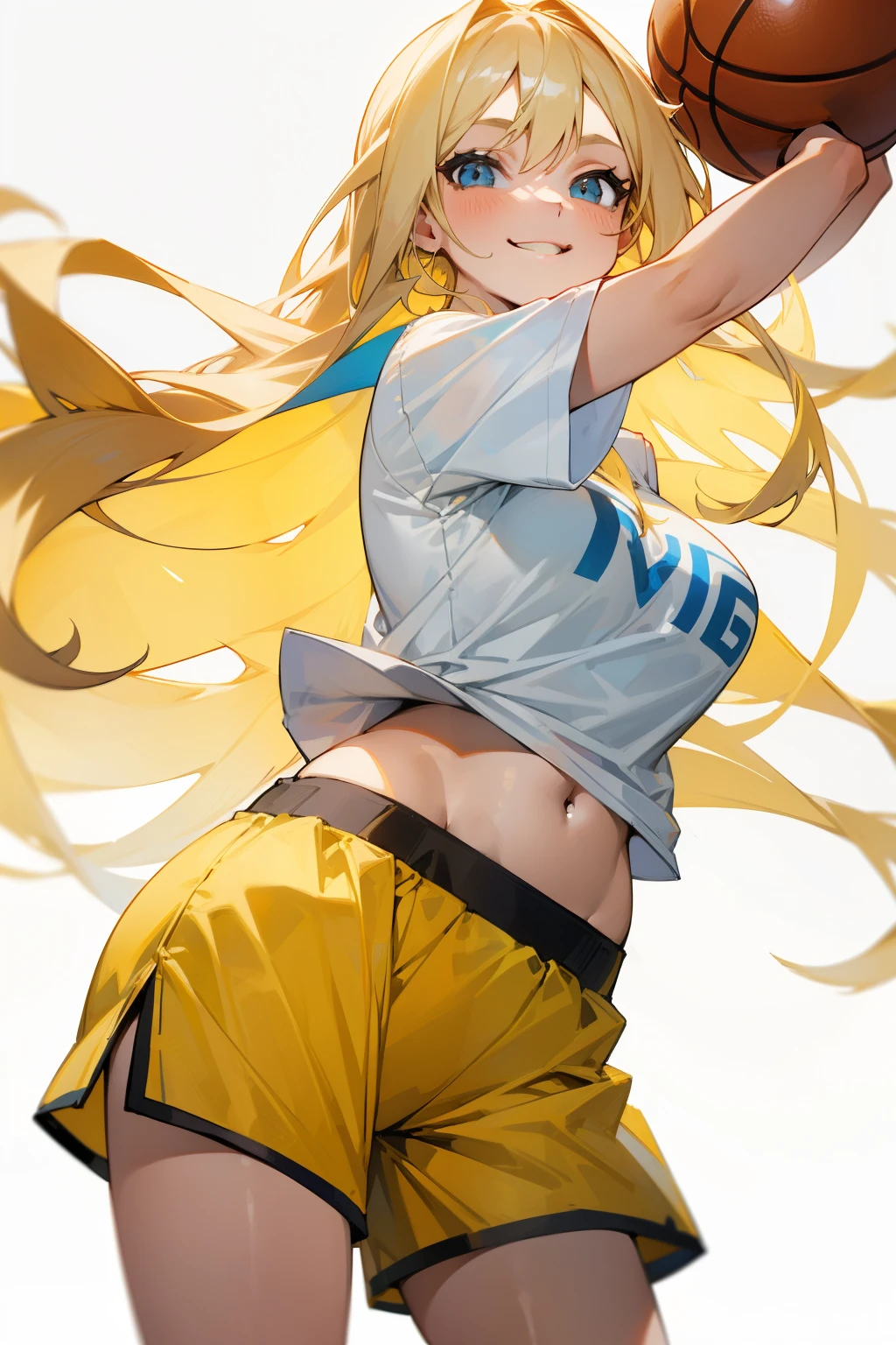 a person in an anime type style with headphones and white shorts and black top, 1girl, solo, long hair, braid, baseball cap, navel, blue eyes, hat, blonde hair, pants, breasts, sneakers, shoes, looking at viewer, midriff, stomach, choker, shadow, bare shoulders, bare arms, black headwear, crop top