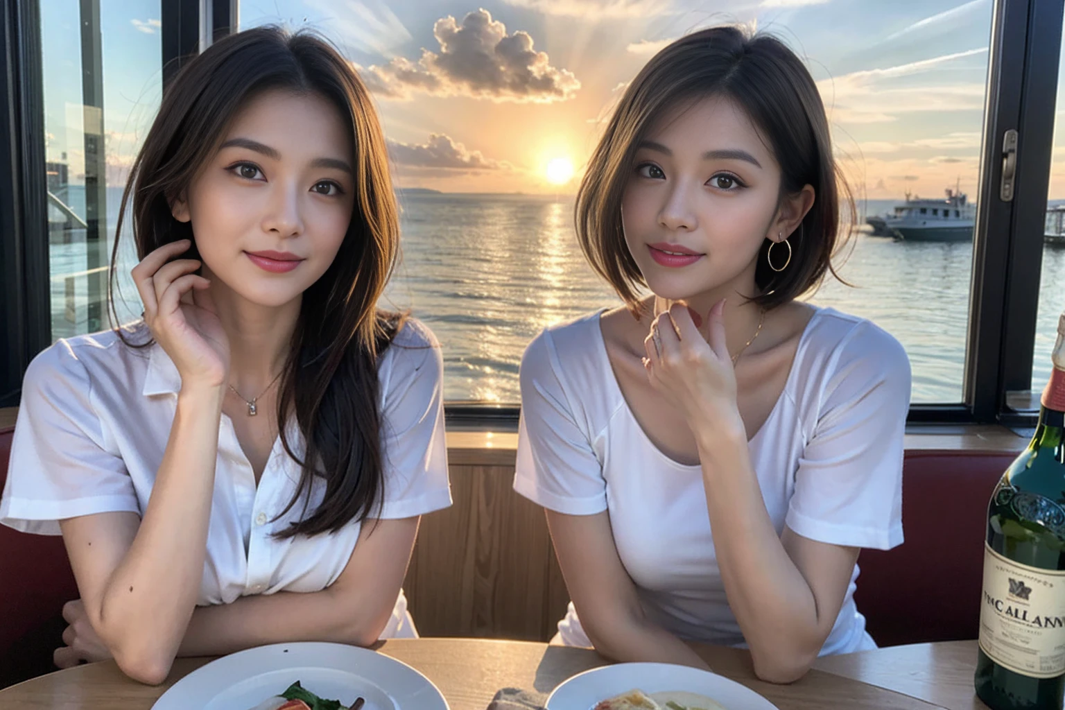 (Realistic:1.1),(masterpiece,Highest quality),8k,(40 years old), 42 years old, slimカップル、Model Couple、actress/actor、Tight waist,Upper Body,full-course dinner、wine 、Amazing view of the sunset sky and clouds、Perfect Anatomy, Brown Hair, short hair,Random Hairstyles,((Highly detailed face and eyes:1.2))(cute顔:1.4),美しいactressの顔,Perfect golden ratio face,Long sleeve shirt、dress,(smile:1.2)、Shortcuts、cute、(Realistic, Intricate details:1.2), A bright smile、short hair,Bright Face、赤wine 、Appetizers、Italian food、wine bottle、Champagne、スパークリングwine、(slimな顔), (The body is slim), (Brown Hair), (Shortcuts), Upper Body, 白wine, slim, wineグラス,