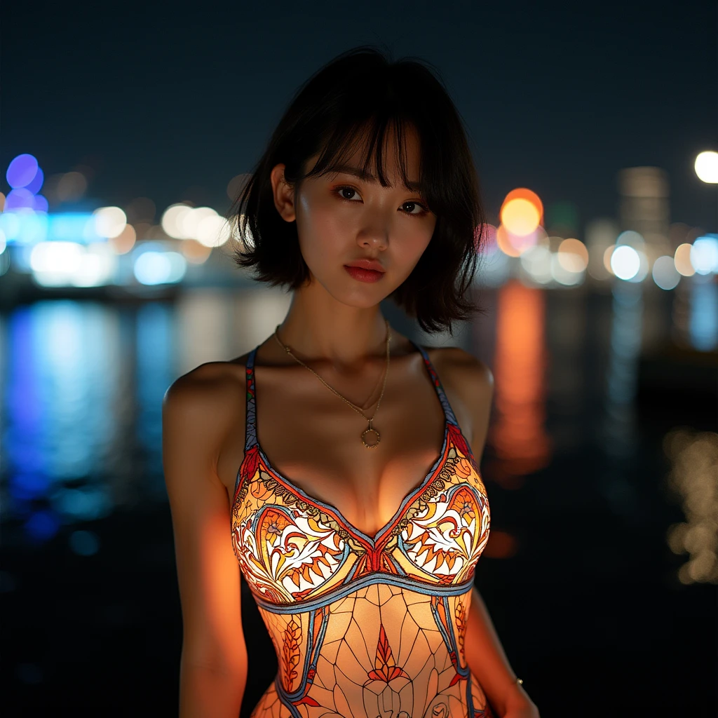 (masterpiece, Highest quality), 8k,(((Very detailed))), Race:1.8, Super intricate Race pattern, colorful Race pattern,Stained glass transparent body, Mandala,light up,cold, 1 female, Open Back, 18 years old、Japanese, beautiful girl, Intelligent face, Photo of Lee Jae, tumbler, sultry body with セクシー belly, Sexy girl, Young sensual elegance, Sexy body, delicious, Sexy look, Very Short Hair、Night viewのきれいな港で撮影、Night view、 Intelligent face、Narrow waist、Large Breasts、drool coming out of the mouth、Smile a little、EOS 50mm F2, Blur the background、Photographed from the front、Lighting the face、Sitting with legs apart、belly button、Thighs、bikini、