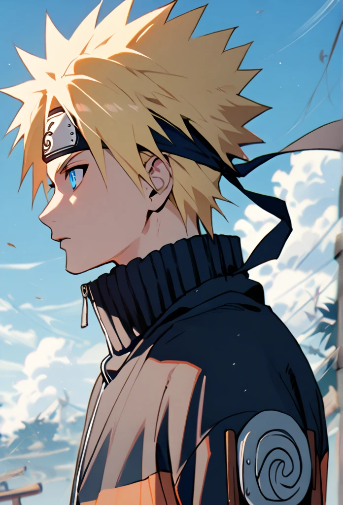 1boy, Alone, Naruto, Spiked hairstyle, Hair in front of the ears, blond, Blue eyes, ANBU clothing, shinobi, ninja 