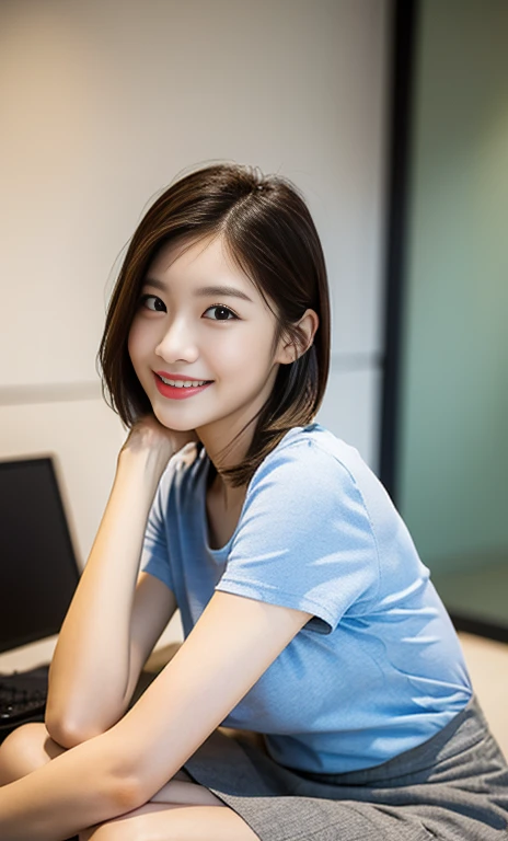 (A stunning Korean office lady, looking at the viewer, dark room, short-sleeve shirt, mini-skirt, youthful charms, smooth complexion, beautiful detailed face, beautiful detailed eyes and lips, long eyelashes, slender figure, perfect body proportion, feminine, playful expression, cute dimples, kind smile, short hair, side ponytail, 

Blurred background, Bokeh effect. (best quality,4k,8k,highres,masterpiece:1.2),ultra-detailed,(realistic,photorealistic,photo-realistic:1.37),HDR,UHD,studio lighting,ultra-fine painting,sharp focus,physically-based rendering,extreme detail description,professional,vivid colors, bokeh, SFW, Safe for Work, cowboy shot, head to knee,)