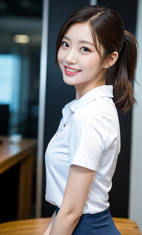 (A stunning Korean office lady, looking at the viewer, dark room, short-sleeve shirt, mini-skirt, youthful charms, smooth complexion, beautiful detailed face, beautiful detailed eyes and lips, long eyelashes, slender figure, perfect body proportion, feminine, playful expression, cute dimples, kind smile, short hair, side ponytail, 

Blurred background, Bokeh effect. (best quality,4k,8k,highres,masterpiece:1.2),ultra-detailed,(realistic,photorealistic,photo-realistic:1.37),HDR,UHD,studio lighting,ultra-fine painting,sharp focus,physically-based rendering,extreme detail description,professional,vivid colors, bokeh, SFW, Safe for Work, cowboy shot, head to knee,)