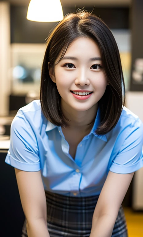 (A stunning Korean office lady, looking at the viewer, dark room, short-sleeve shirt, mini-skirt, youthful charms, smooth complexion, beautiful detailed face, beautiful detailed eyes and lips, long eyelashes, slender figure, perfect body proportion, feminine, playful expression, cute dimples, kind smile, short hair, side ponytail, 

Blurred background, Bokeh effect. (best quality,4k,8k,highres,masterpiece:1.2),ultra-detailed,(realistic,photorealistic,photo-realistic:1.37),HDR,UHD,studio lighting,ultra-fine painting,sharp focus,physically-based rendering,extreme detail description,professional,vivid colors, bokeh, SFW, Safe for Work, cowboy shot, head to knee,)