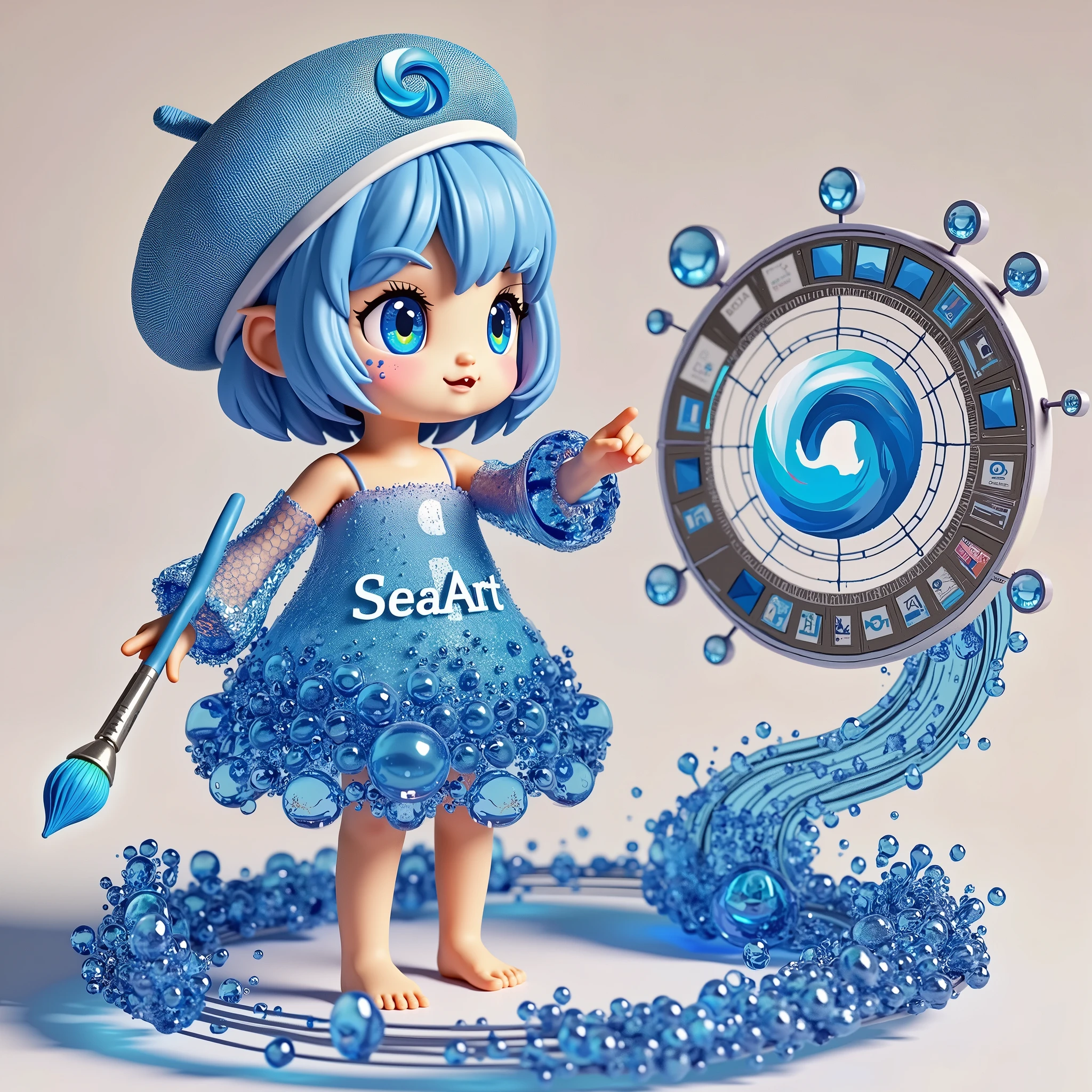 cute，A blue sea elf，Wearing clothes made from seawater，Wearing a digitally-made blue sea painter&#39;s hat，Barefoot，Holding a paintbrush in left hand，Right hand pointing forward，On the right hand, there is a large circle made of blue sea water with the word &quot;seaart&quot; written on it.，Swirl shape，Swirl shape，Curious expression，A person poses for painting，White Art World Background，Perfect Light，High image quality，Extraordinary texture，High-resolution details，Masterpieces，Vivid colors，High contrast tones，Cool colors，Fantasy style，Perfect Light，High image quality，Extraordinary texture，Chibi，3D Rendering，Unreal Engine，C4D，OC Renderer，Ray Tracing，Long-distance shooting