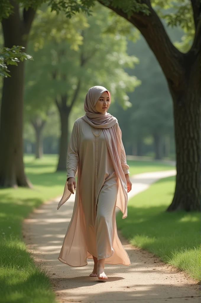 A Muslim who is exercising or taking a morning walk in the park, with a calm and refreshing natural atmosphere.