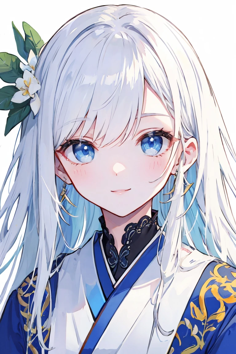 minimalist，fashion girl，white hair，blue background，Wearing special earrings，Bohemian style，Defined eyelashes，Full bright blue eyes，Clean and transparent eyes，close up，Portrait facing camera，Smile flat illustration，Geometry，clean，japanese manga