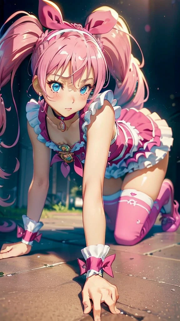 (((Best Quality，Highly detailed CG unification，32K)))  Professional Quality(((A woman on all fours tied to a collar))))、Dog Collars、The collar was chained、Cure Melody、(beautifulディテール) 、Perfect hands、cute、Shiny skin, beautiful光の大きな目,  Feminine Style, beautifulくびれ, beautiful、naughty face、 pink hair、long hair、twintails、blue eyes、Pink ribbon on head、pink choker、Frills、abdomen、skirt、Frillsskirt、((Pink knee-high socks))、Pink Shoes、
Front shot、