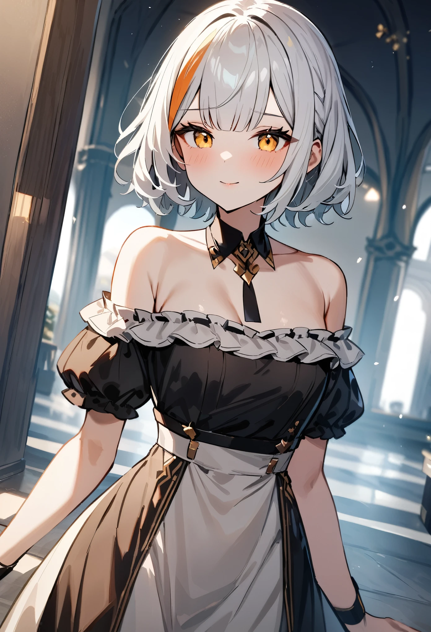 (masterpiece),(best quality), (uitra detailed),One Woman:1.2,(white hair color):1.2,orange streaked hair:1.2, short Hair with Bangs:1.2,(yellow eye):1.1,Medium chest:1.2,Off-the-shoulder ruffle dress:1.2, girl:1.2