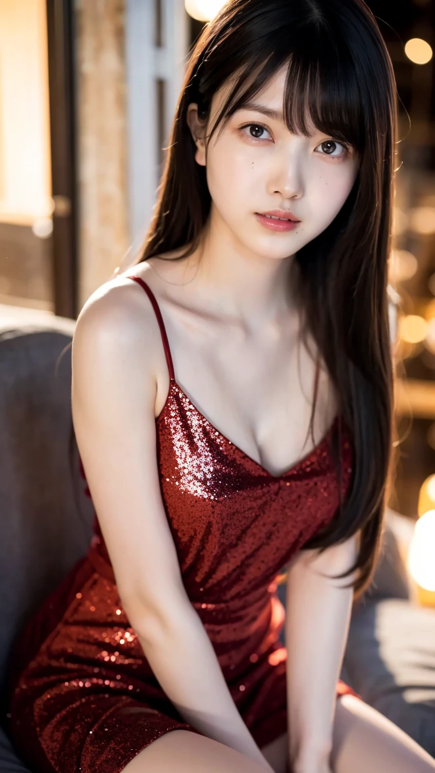 1girl,(wearing a red glittery evening mini dress:1.2),(RAW photo, best quality), (realistic, photo-realistic:1.4), masterpiece, an extremely delicate and beautiful, extremely detailed, 2k wallpaper, Amazing, finely detail, extremely detailed CG unity 8k wallpaper, ultra-detailed, highres, soft light, beautiful detailed girl, extremely detailed eyes and face, beautiful detailed nose, beautiful detailed eyes,cinematic lighting,city lights at night,slender body,(long hair with bangs), big breast:1.3, full body:1.4,open chest, sitting.