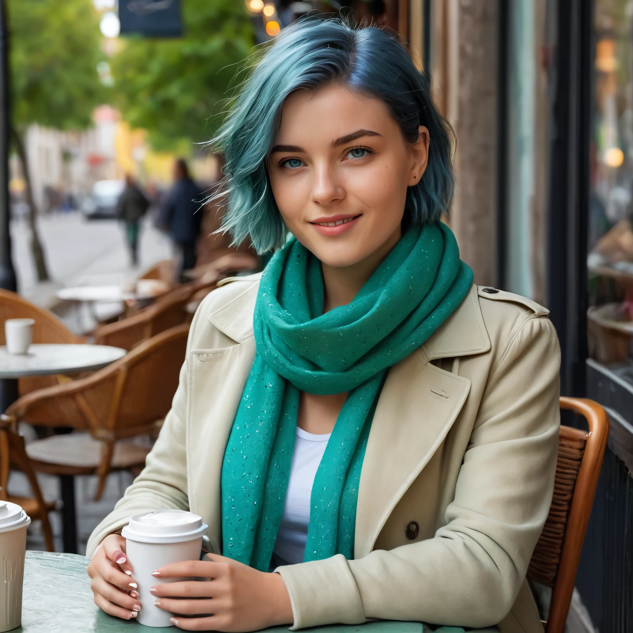 (((Woman, 20 years old, Nordic ethnicity, short blue hair))), ((perfect face, light freckles, Blue-Green eyes, slight smile)), wearing a stylish light autumn jacket in green, a cozy but lightweight scarf in soft beige, and a casual white top underneath. She sits at an outdoor café table, holding a cup of coffee. In the background, a quaint café scene with potted plants and a bustling street atmosphere. Sunlight casts soft shadows, creating a warm and lively atmosphere. (((Color palette - turquoise, neon green, yellow shades))), (best quality, 8k, masterpiece, ultra-detailed, photorealistic, natural lighting)