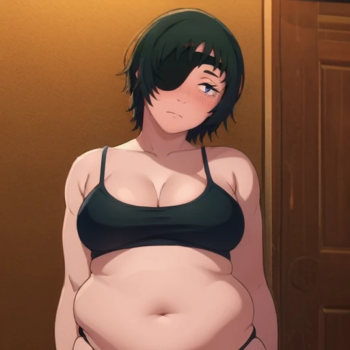 Resolution, imagination, (Photorealistic), (1Girl:1.4), (HDR:1.5), intriciate detail, 1 belly button, Mesugaki face, (Fat belly fat:1.5), (Bigger belly fat:1.3), Medium Tits, (Green Eyes:1.3), (Green short hair:1.5), sleeveless, Crop Tea, wristband, Tight-fitting jeans, Pregnancy belly fat, she has a jiggly fat round belly, Her belly is fat and round, Fat woman, pregnant, café, Drink tea, Sitting on a chair, artwork: Kipteitei, beautiful light