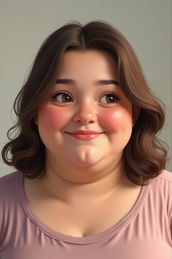 An overweight woman with big cheeks and wavy light brown hair