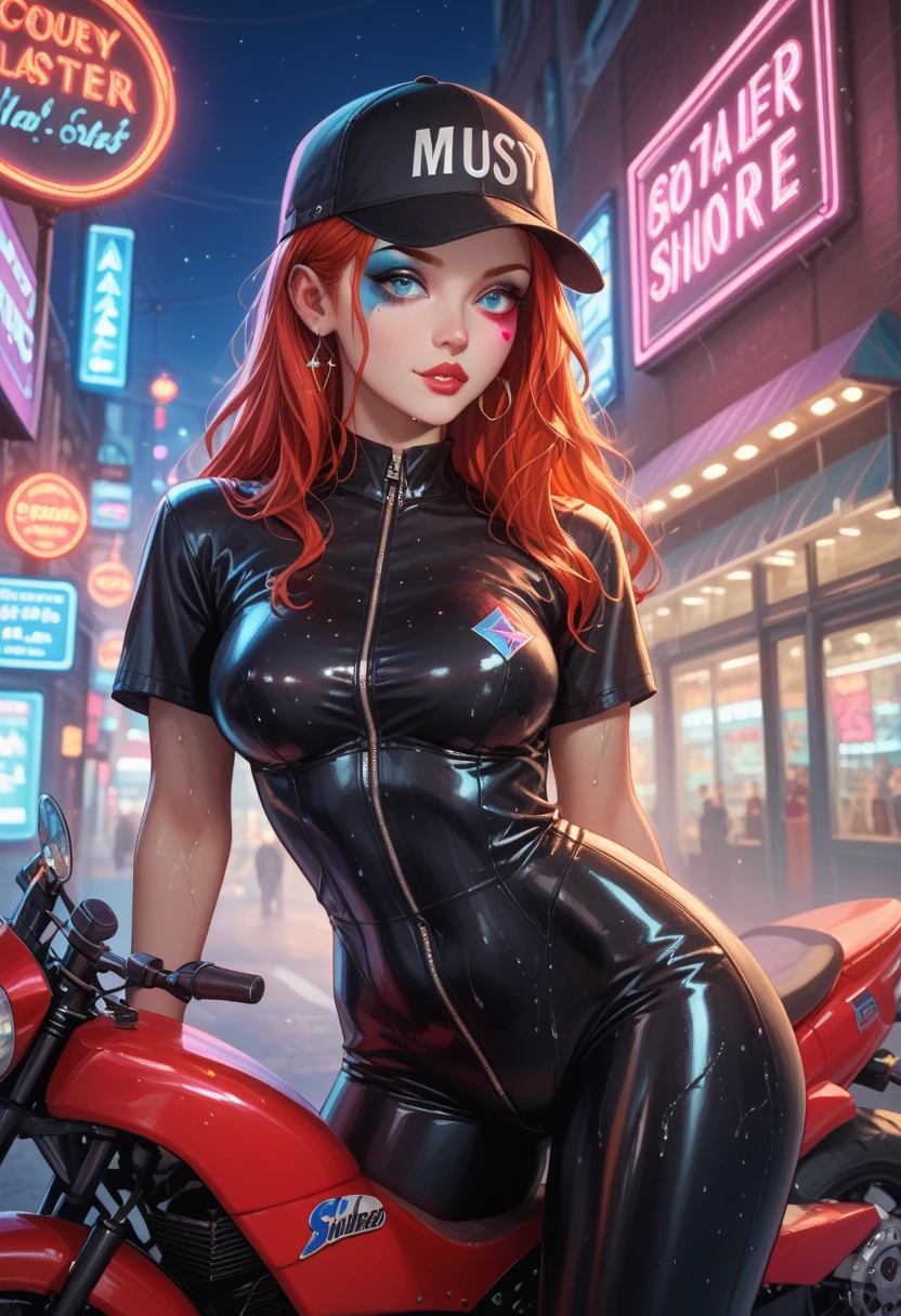 sexy girl, Bright Shines, curvy body shapes, makeup, dressed in Black Latex, cap, Long Hair Voluminous, sparkles, posing, flirting, A game of shadows, Street Neon Signs Are Shining, A Few Puddles, wet asphalt, Small lanterns shine on the shops, Clear Detailed Picture, Pleasant Lighting, masterpiece, many details, reflections, dynamic shadows, There is a motorcycle on which a girl is leaning, Stands near the bike, Harley, eagle on baka, Neon Wheels,core_9, score_8_up, score_7_up, score_6_up, score_5_up, score_4_up
