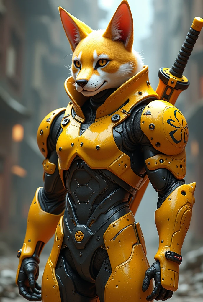 cyber pandas man with bright yellow fur, featuring intricate biopunk tattoos on his arms, standing in a dark alley filled with neon lights, displaying advanced biotechnology gadgets attached to his outfit