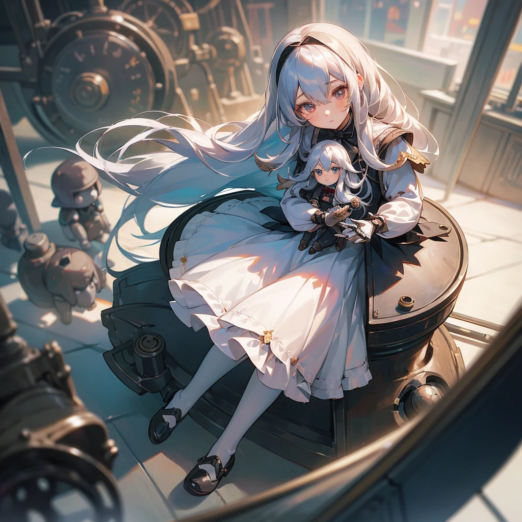 (mechanical doll), (1 girl), silver hair, Chrom eyes, long hair, thin eyebrows, young, alone, ****ta, childhood, child, short, (mechanical doll), (automata), dress, tiny, baby face, cel anime, 