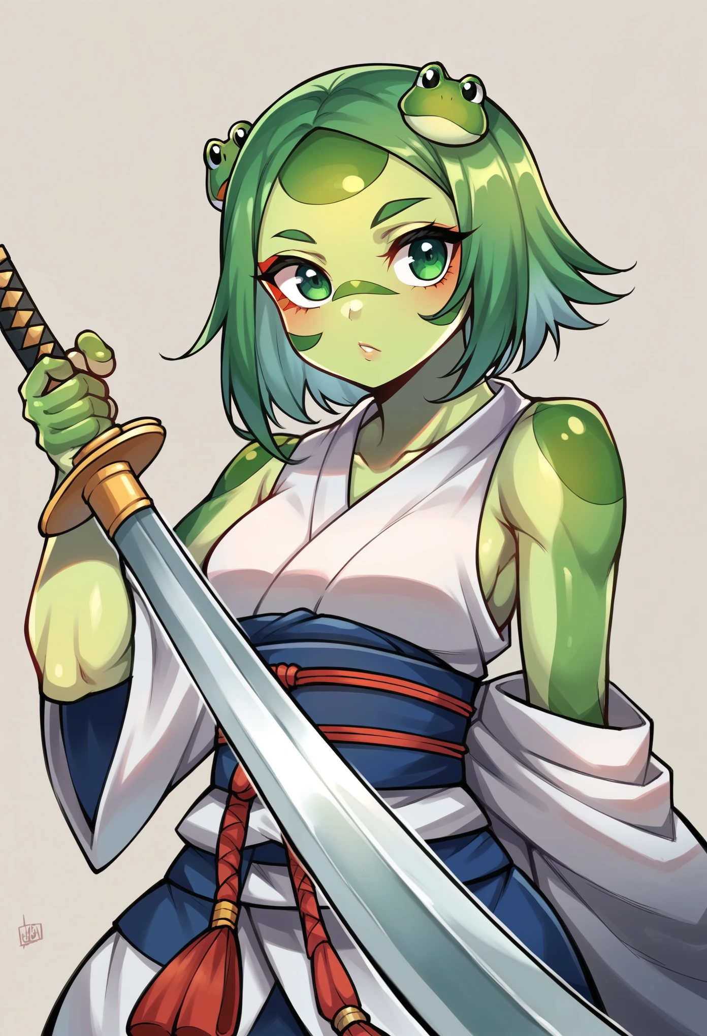 frog woman, green skin, big eyes, katana sheathed to her back, smug mouth, jagged eyes, in a pond, on top of a humongous Lili pad in a ninja pose