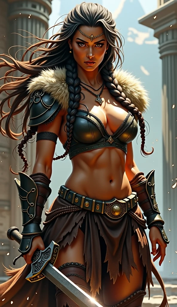 um close up de uma mulher com uma espada e um capacete em, Como ilustrado em Top Cow Comics, david finch, zenescope, barbarian woman, Directed by: Mark Brooks, inspirado por Mark Brooks, barbarian warrior woman, Mark Brooks detalhou, very beautiful female barbarian, Adrian Smith Arte de fantasia, uma mulher berserker muito bonita, Marcos Silvestri, arte da capa dos quadrinhos, ((((huge muscles))))Beautiful