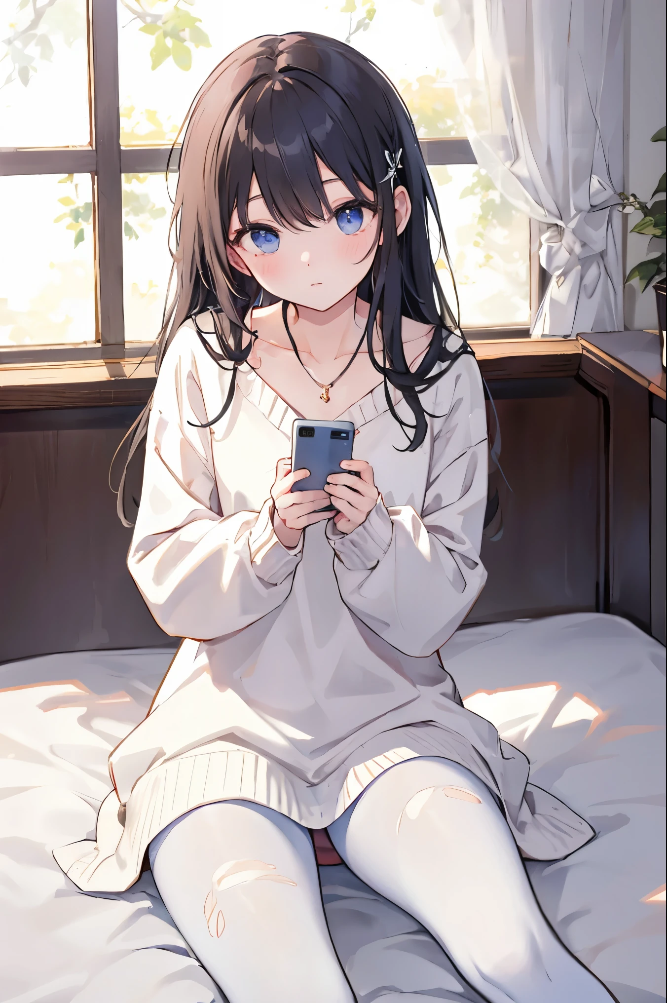 masterpiece, best quality, Practical, 8k, official art, Movie Lighting, Ultra-high resolution, 1 Girl, White sweater dress, torn pantyhose, sitting, on the bed, bedroom, Sunlight, Looking at the audience,