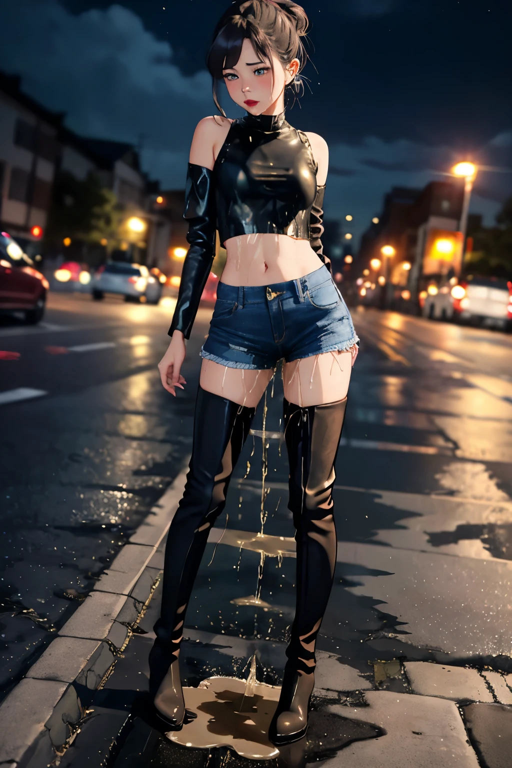 highres, beautiful women, high detail, good lighting, lewd, hentai, (no nudity), (((jeans))), ((tight leather top)), (((leather thigh high boots))), bare midriff, ((wet crotch)), (((peeing herself))), (((wetting herself))), ((((peeing self))), (pee streaming down legs), peeing stain, (puddle), (thick thighs), nice long legs, lipstick, detailed face, pretty face, embarrassed blushing face, humiliated, ((on street corner at night)), hihelz