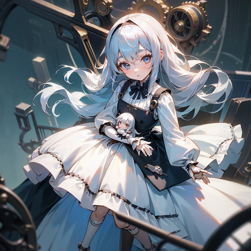 (mechanical doll), (1 girl), silver hair, Chrom eyes, long hair, thin eyebrows, young, alone, ****ta, childhood, child, short, (mechanical doll), (automata), dress, tiny, baby face, cel anime, Solo