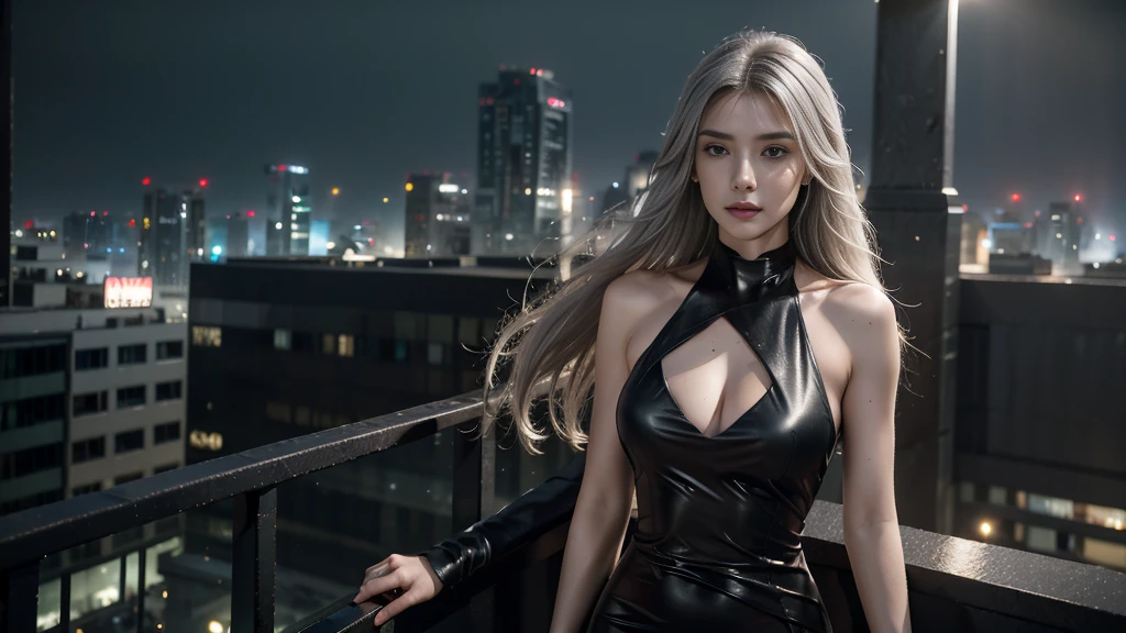 Photorealistic, high resolution, Soft light,1womanl, Solo,  up, (Detailed face),tattoo, jewelry, Night City, Police uniform, White hair