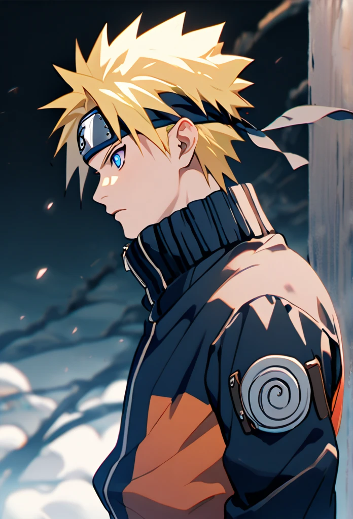 1boy, Alone, Naruto, Spiked hairstyle, Hair in front of the ears, blond, Blue eyes, ANBU clothing, shinobi, ninja, держит катану 